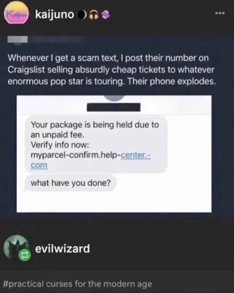 Screenshot of scam message about unpaid fee and package hold, posted in a social media post.