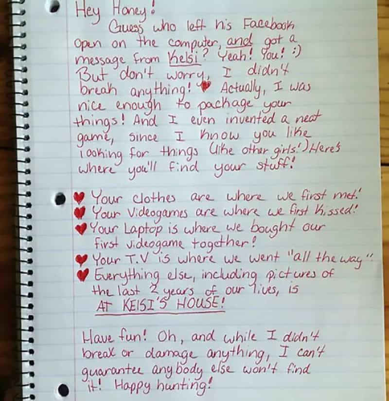Handwritten note about petty revenge, mentioning Facebook, packages, and personal belongings.