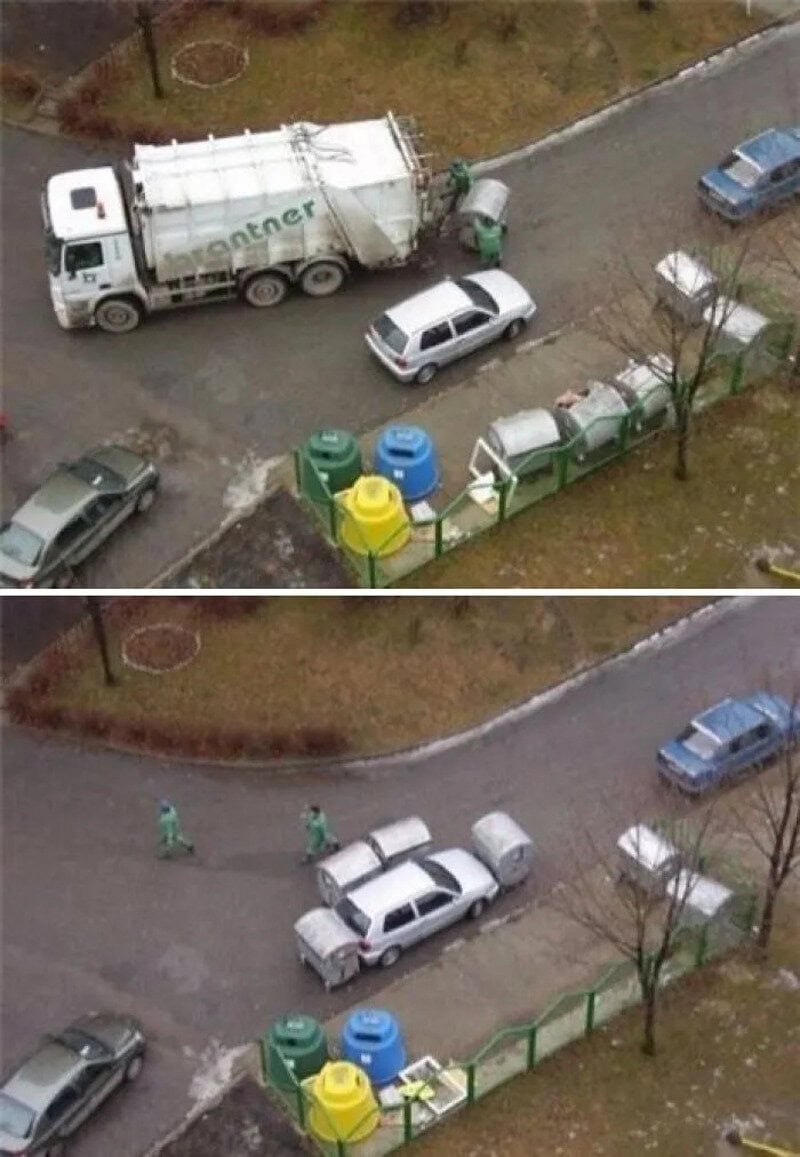 Trash bins placed in front of a car, blocking its door, with a garbage truck nearby.