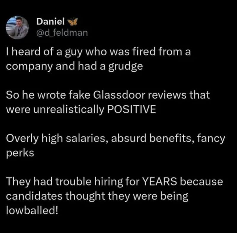 Twitter post by Daniel about fake Glassdoor reviews for a company.