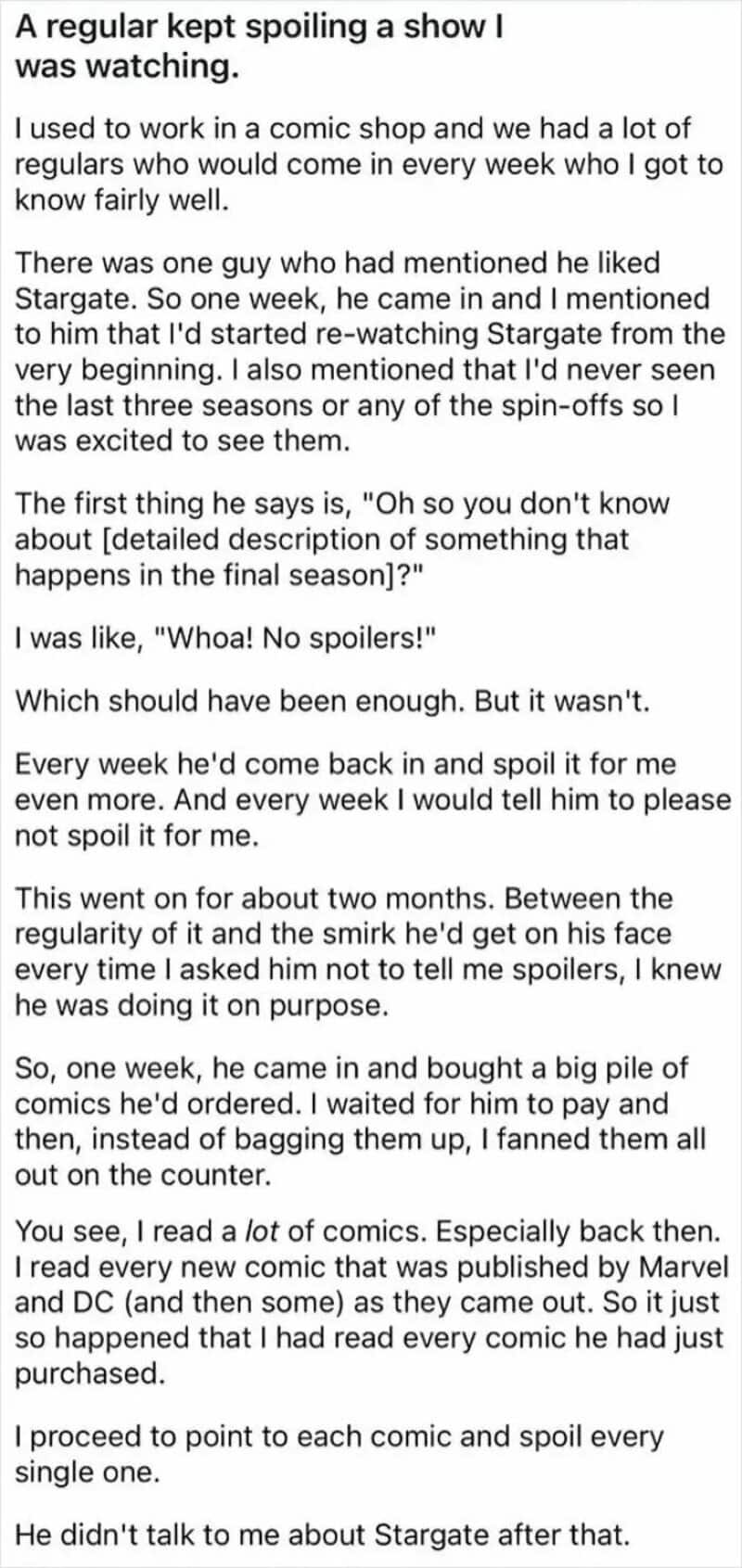 A person describes their experience of spoiling a show and their love for Stargate.