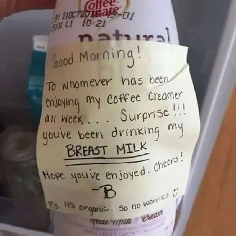Note on coffee machine about enjoying coffee creamer and drinking breast milk.