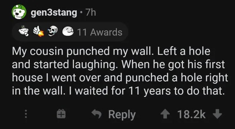 My cousin punched my wall, left a hole, and started laughing. I punched a hole in his house after 11.
