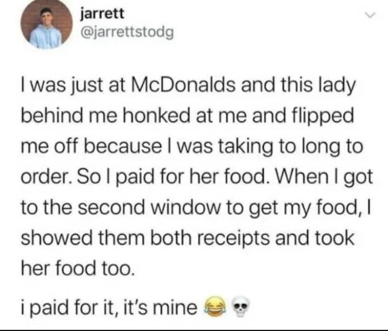 Man pays for lady's food at McDonald's after she flips him off.