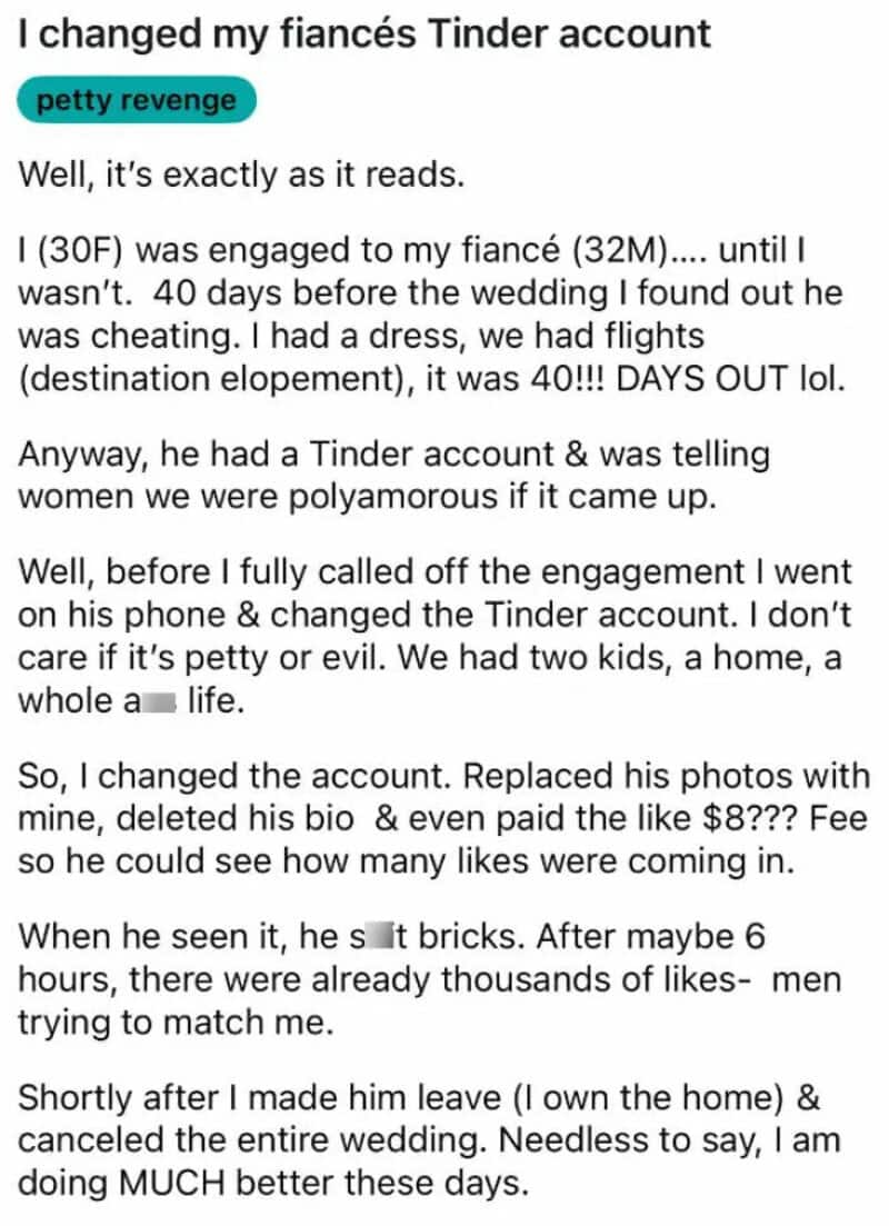 A woman changed her fiancé's Tinder account, replacing photos to see likes.