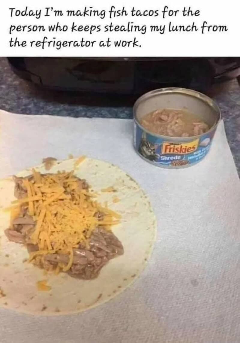 Fish tacos with shredded cheese and canned tuna on a plate, with a can of tuna nearby.