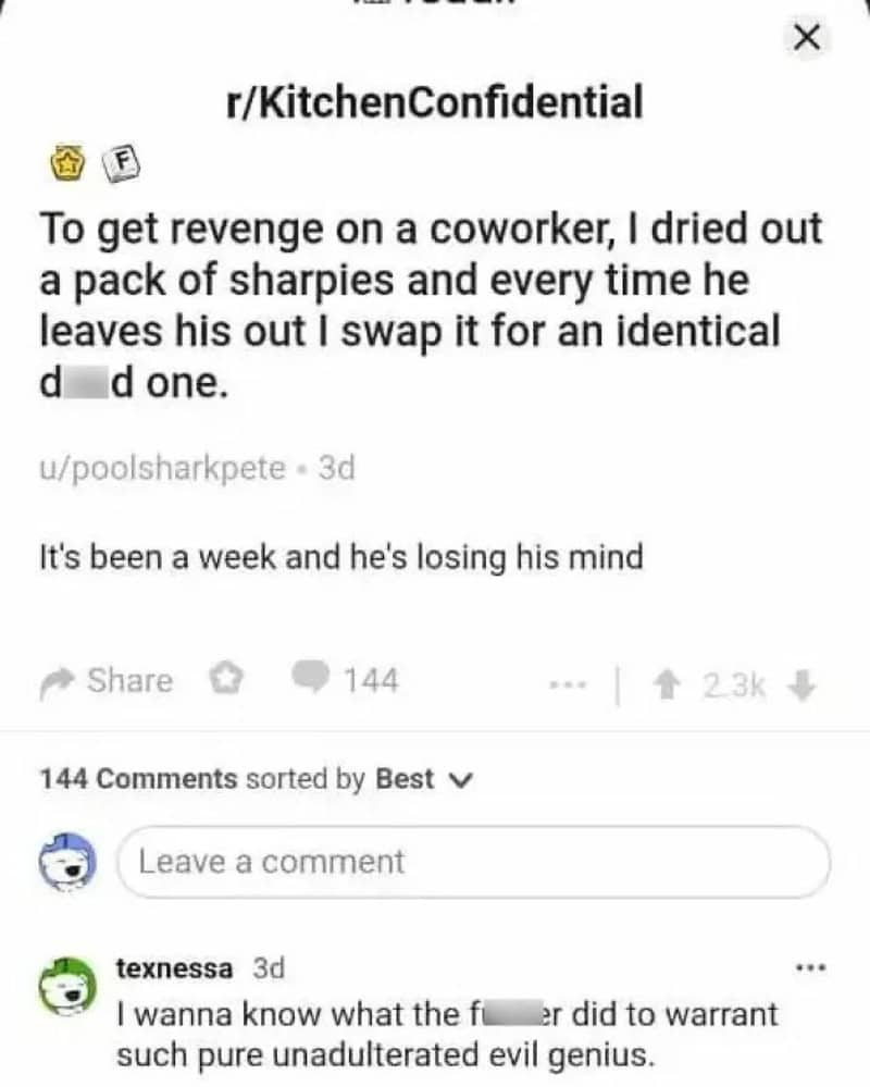 A Reddit post about petty revenge involving swapping out a coworker's pack of sharpies.
