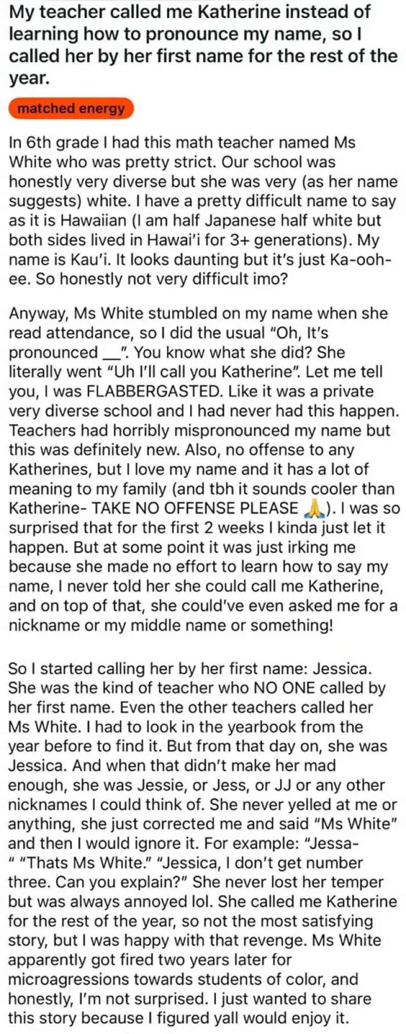 Teacher called Miss Catherine instead of my name, 6th grade, teacher named Miss White, class photo,.