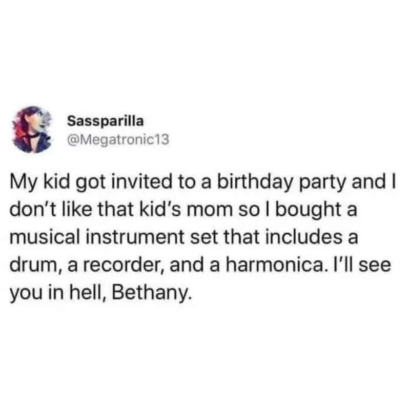 Tweet about buying a musical instrument set for a kid's birthday party.