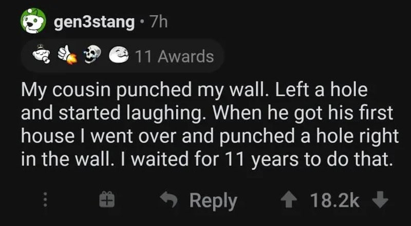 My cousin punched my wall, left a hole, and started laughing, then I punched a hole in his house.