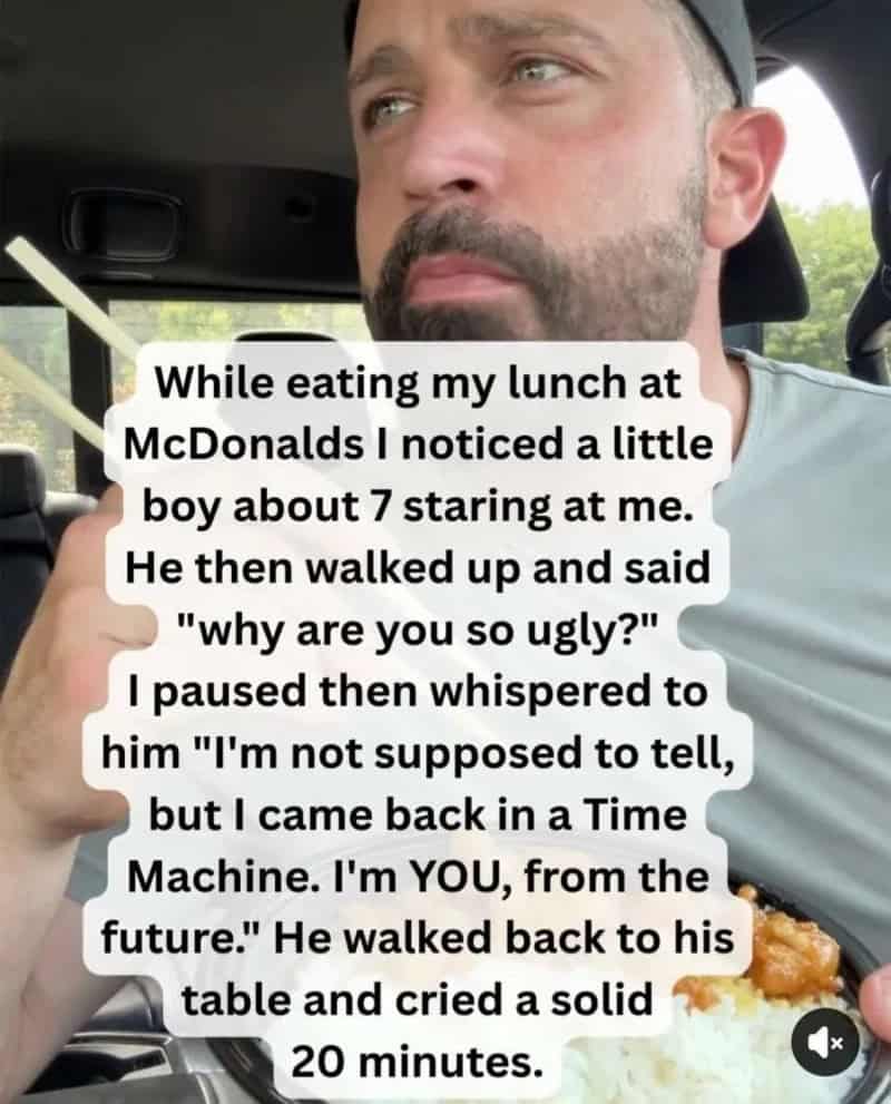 Man in car with food, story about a boy staring and crying after insult.