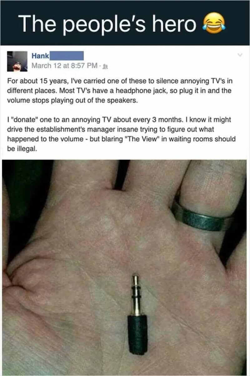 Person's hand with a headphone jack inserted into a finger, with a caption about petty revenge.