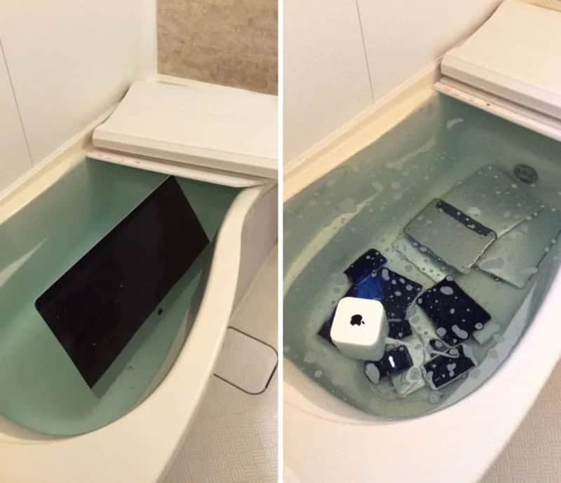 Tablet and electronics in water after being thrown into toilet.