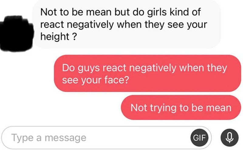 Text conversation about girls' reactions to height and face.