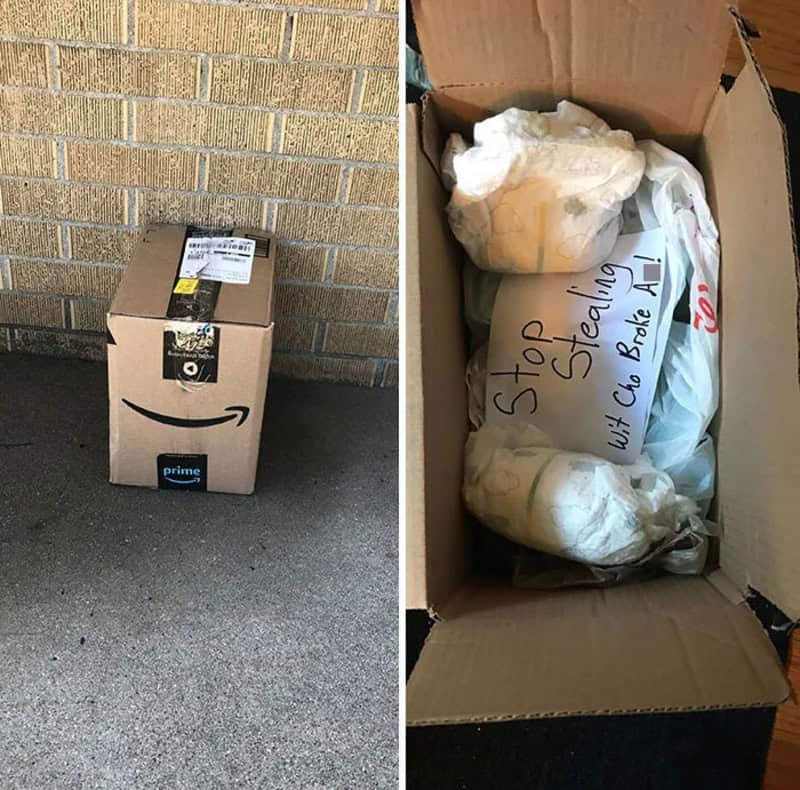 Amazon Prime package left outside, opened to reveal contents with a note.