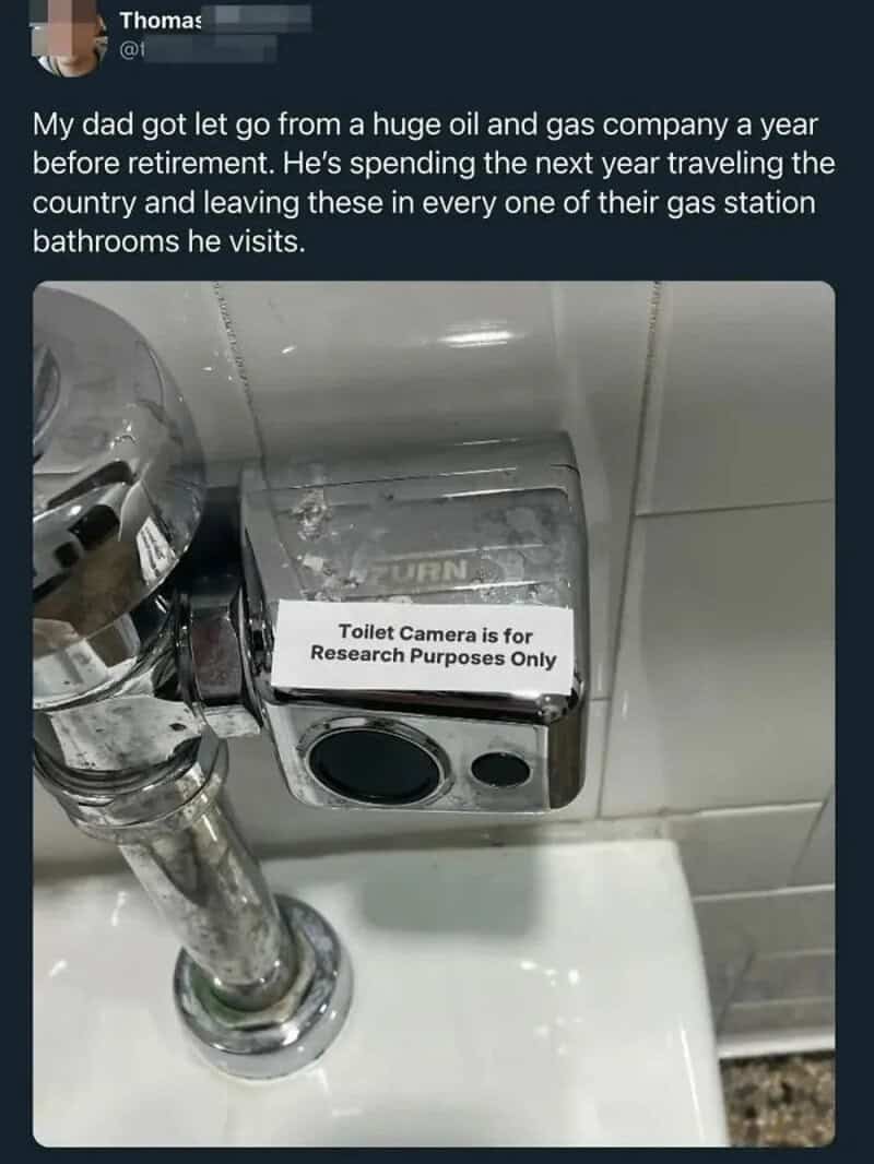 Toilet camera labeled for research purposes only in a gas station bathroom.