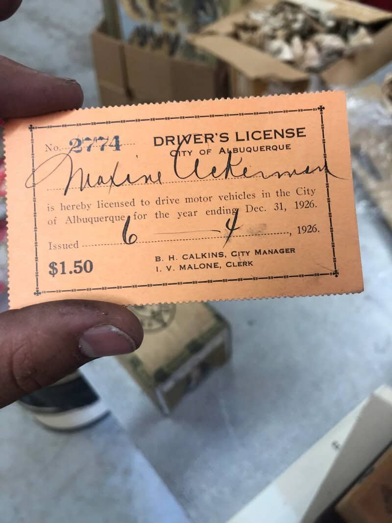 Vintage driver's license from Albuquerque, issued in 1926, with handwritten name and date.