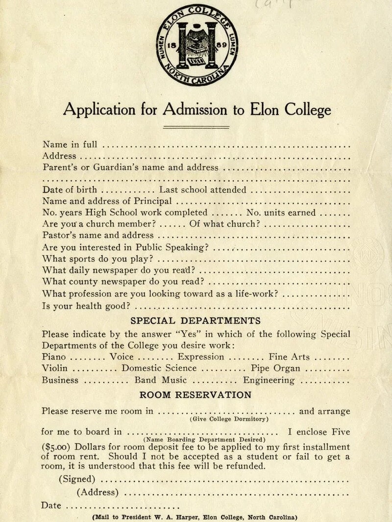 Application for Admission to Elon College form with college seal at top.