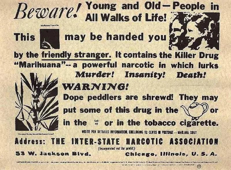 Warning poster about marijuana and other drugs from early 20th century, with text and images.