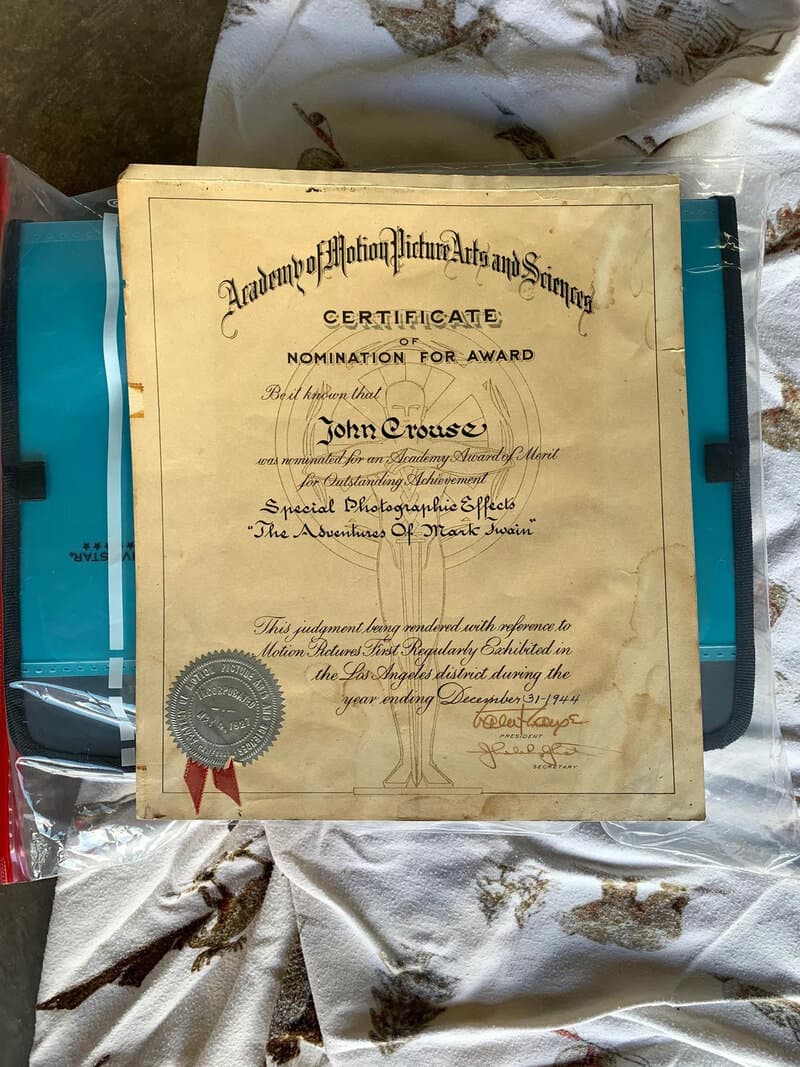 Certificate of nomination for John Crouse from the Academy of Motion Picture Arts and Sciences.