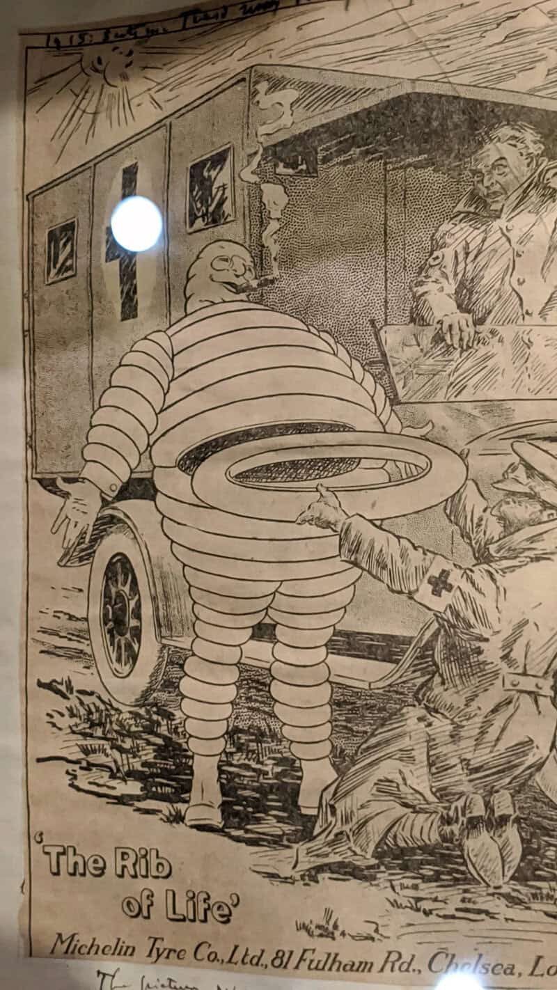 Vintage cartoon of a man with a large belly and striped clothing, near a car and a woman.