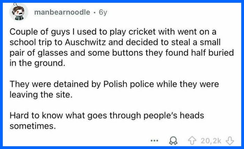 Couple of guys stole glasses and buttons at Auschwitz, detained by police.
