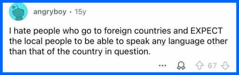 A social media comment criticizing tourists who expect locals to speak their language.