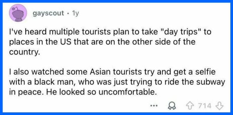 Tourists taking photos and selfies in the US, some looking uncomfortable.
