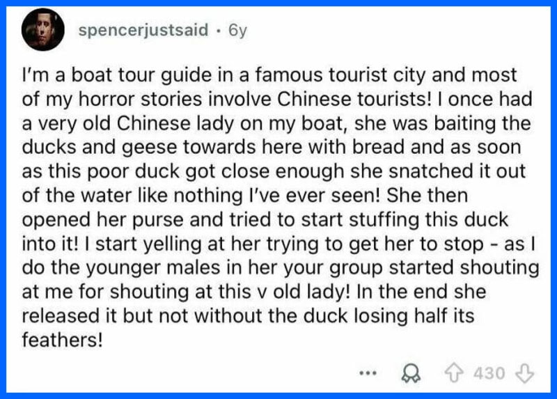 Boat tour guide recounts story of Chinese lady feeding ducks and geese.