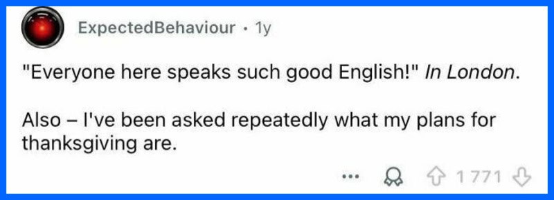 A social media post with a quote about speaking good English in London.