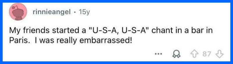 A person sharing a story about friends' U-S-A chant in a Paris bar.