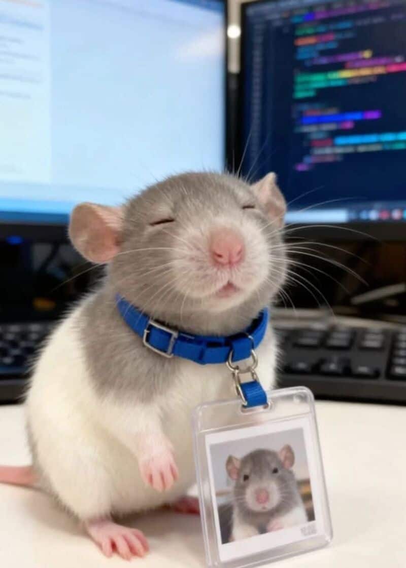 Cute hamster with a blue collar and ID badge in front of a computer screen.
