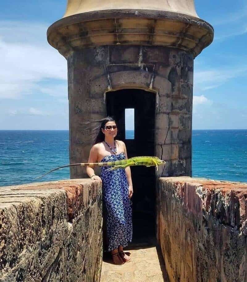 Woman in blue dress standing in front of a lighthouse by the sea.