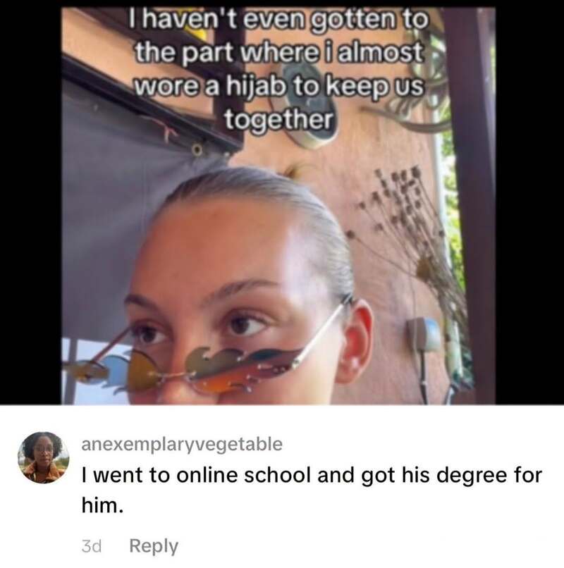 Person with sunglasses and headscarf, text overlay about wearing a hijab.