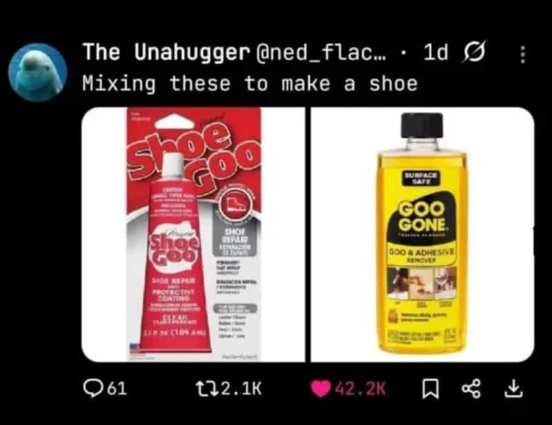 Image shows two shoe repair products, Shoe Goo and Goo Gone, for fixing shoes.