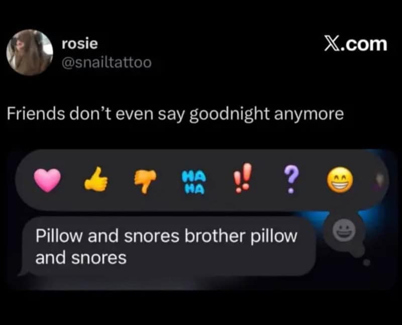 Screenshot of a social media post with emojis and a chat message about pillow and snores.