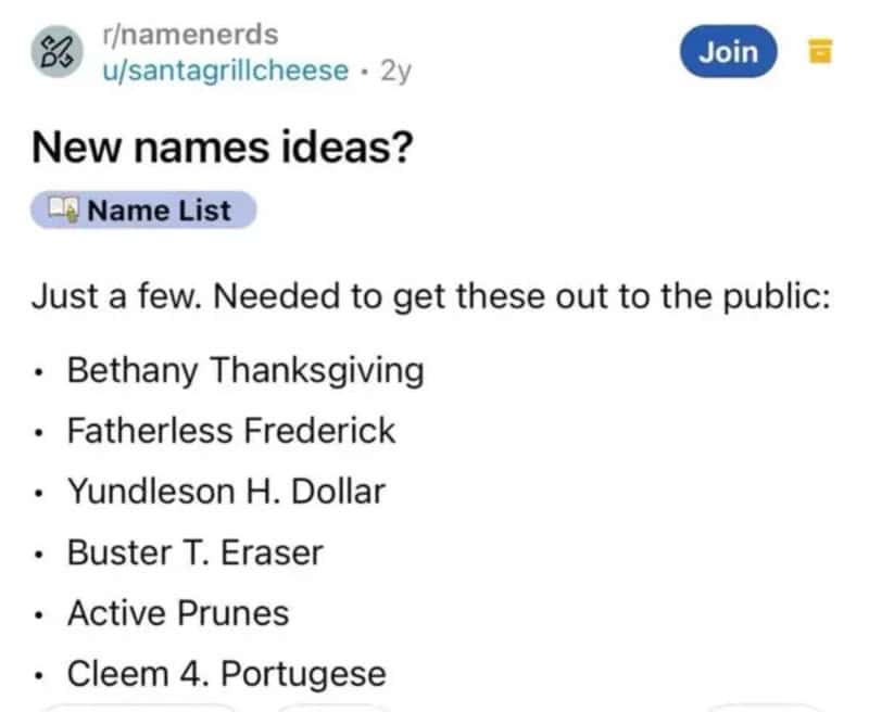 List of humorous new name ideas including Bethany Thanksgiving and Buster T. Eraser.