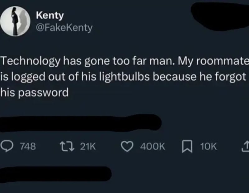 Twitter post about technology and a roommate logging out of his lightbulbs.