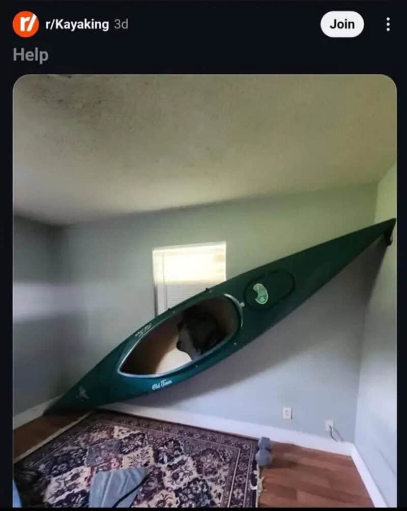 A kayak is propped against a wall in a room, with a dog sitting inside it.