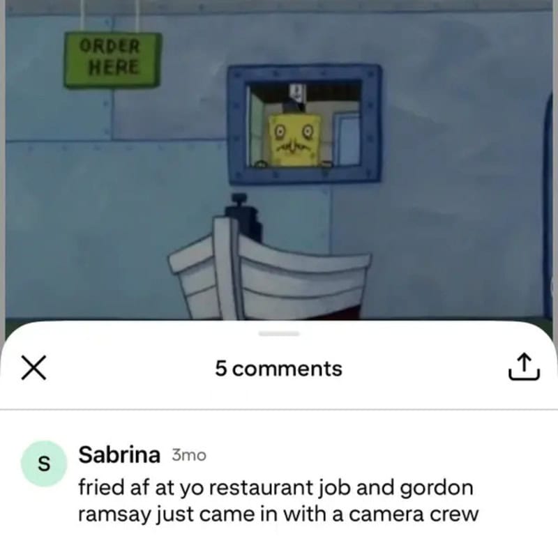 SpongeBob SquarePants at a drive-thru window with a sign that says 'Order Here'.