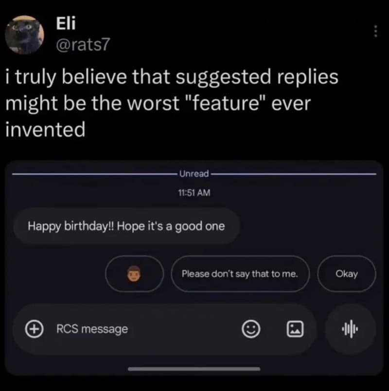 Screenshot of a chat with a message saying 'Happy birthday!! Hope it's a good one' and options to 's.