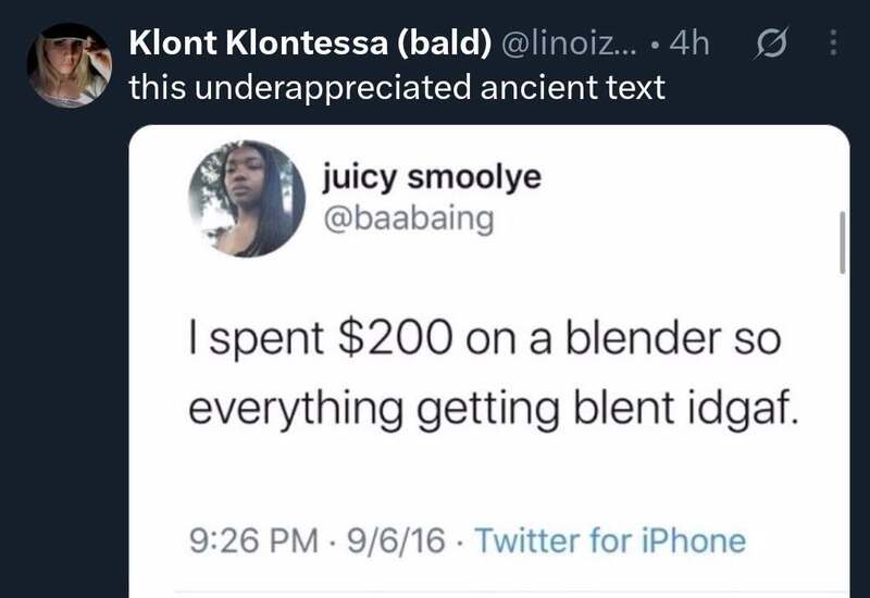 Twitter post about spending $200 on a blender to make everything look like it’s getting blended.