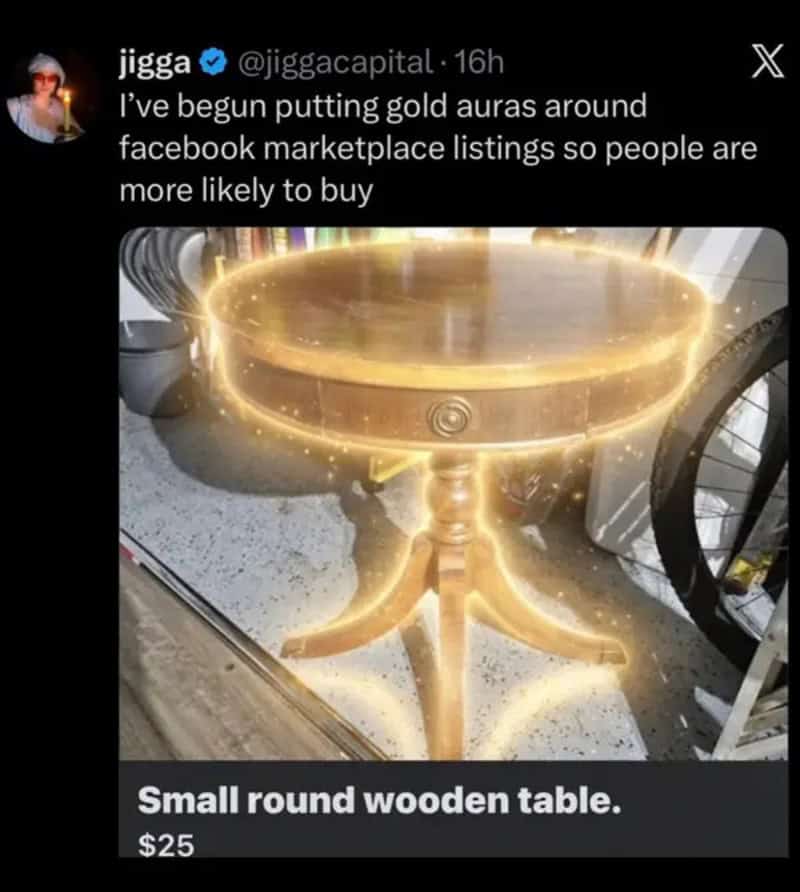 Small round wooden table with a gold aura around it, priced at $25.