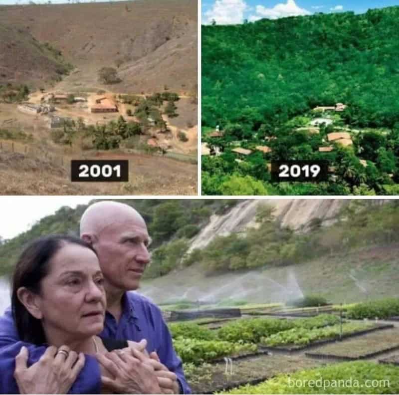 Comparison of a hillside village in 2001 and 2019, with a couple in front of a garden.
