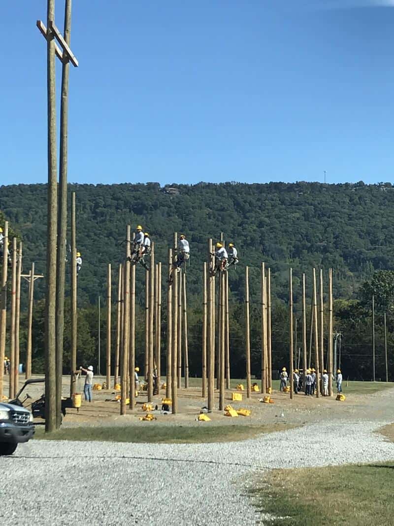 Workers on utility poles under a clear blue sky with a green hill in the background.