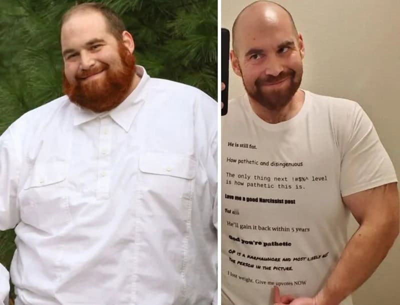 Side-by-side photos of a man before and after losing weight.