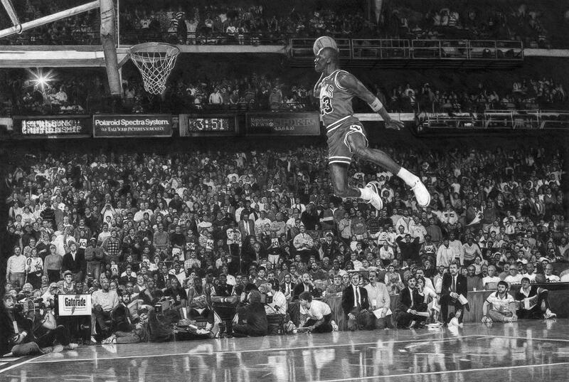 Michael Jordan dunking during a basketball game in a packed arena.
