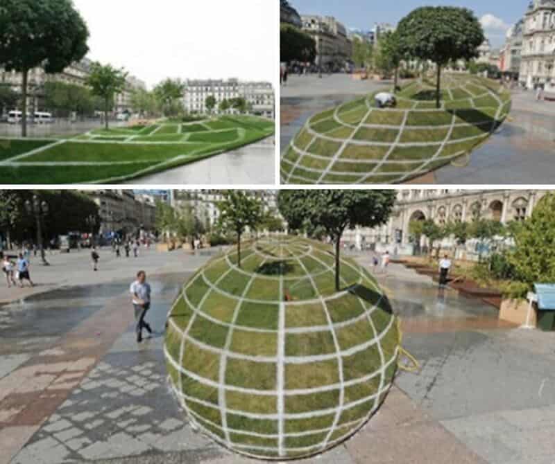 Images of parks with grass and trees, some with grid patterns, in urban settings.