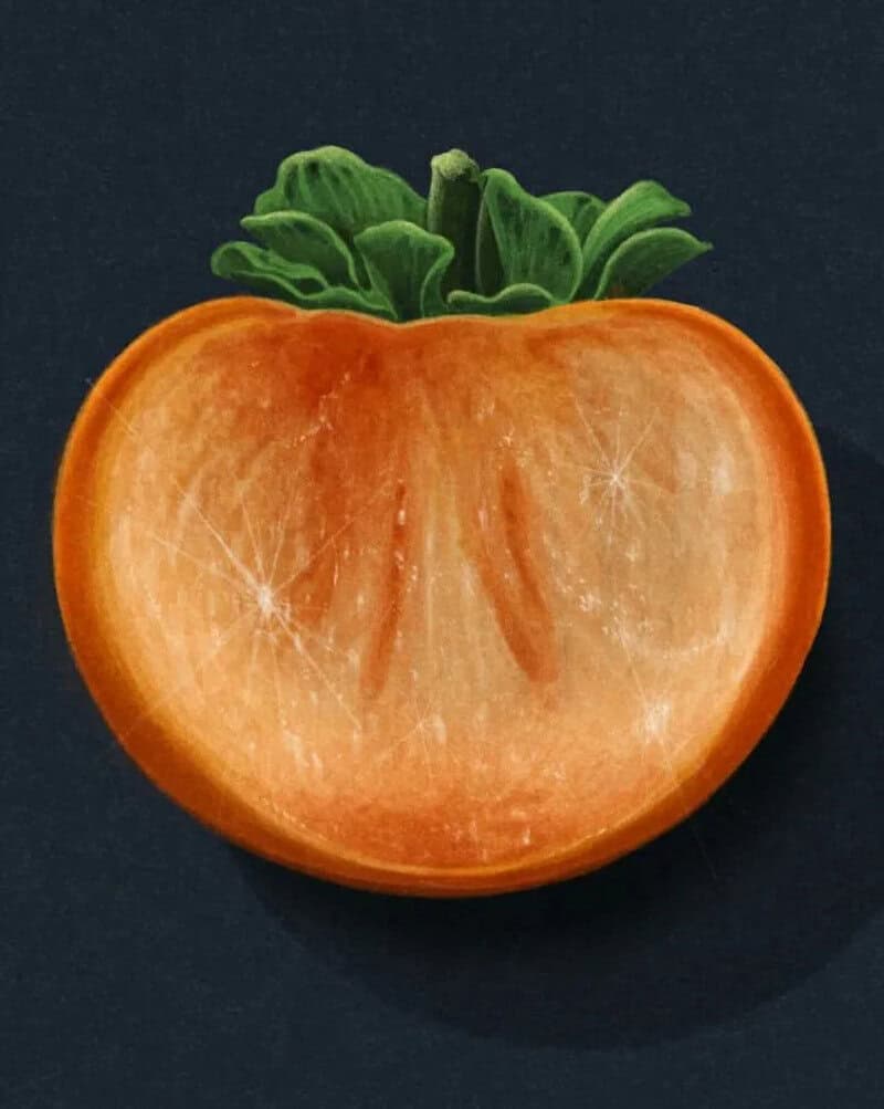 Realistic painting of a tomato with green leaves on top.