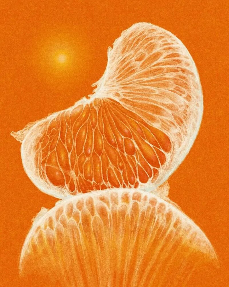 Close-up of a peeled orange with detailed segments on an orange background.